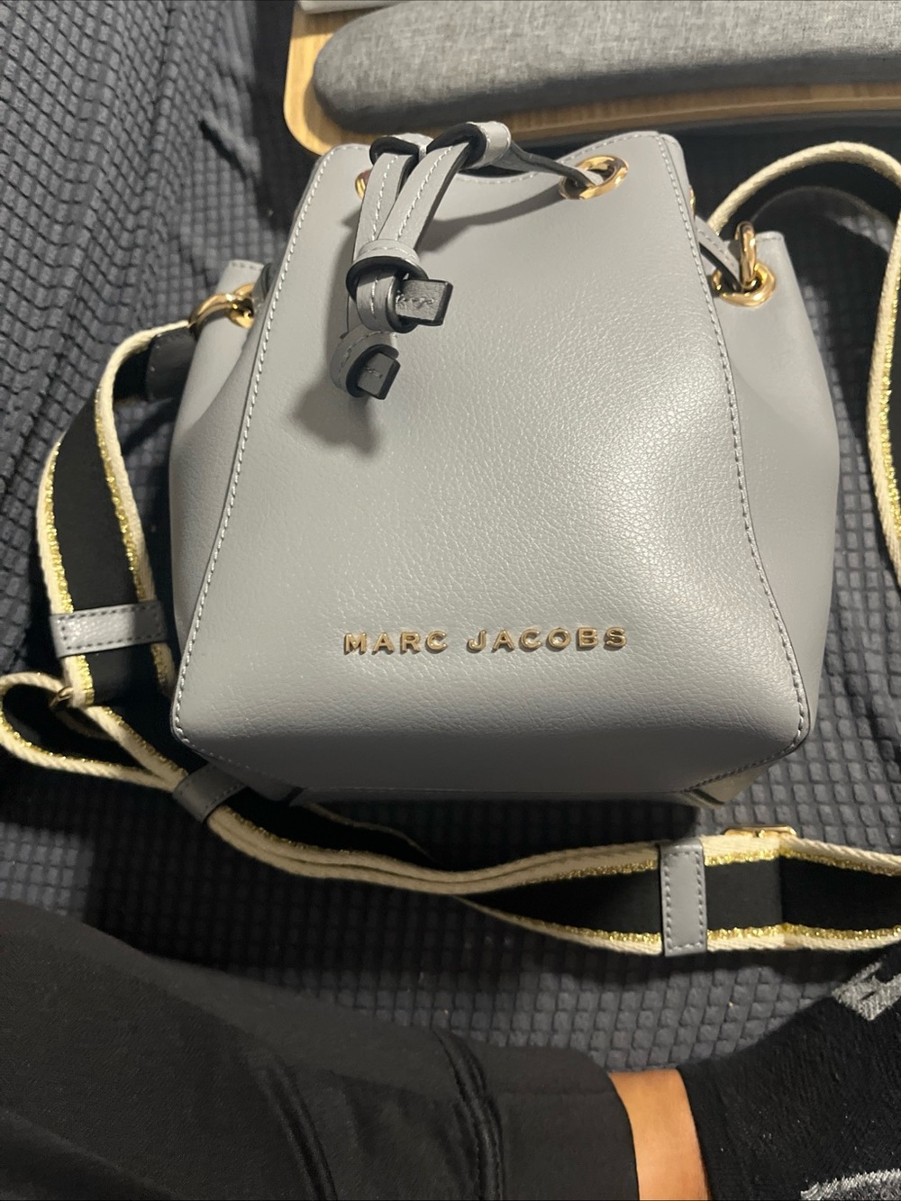 Marc Jacobs Light Gray Leather Drawstring Bucket Bag with Gold Accents